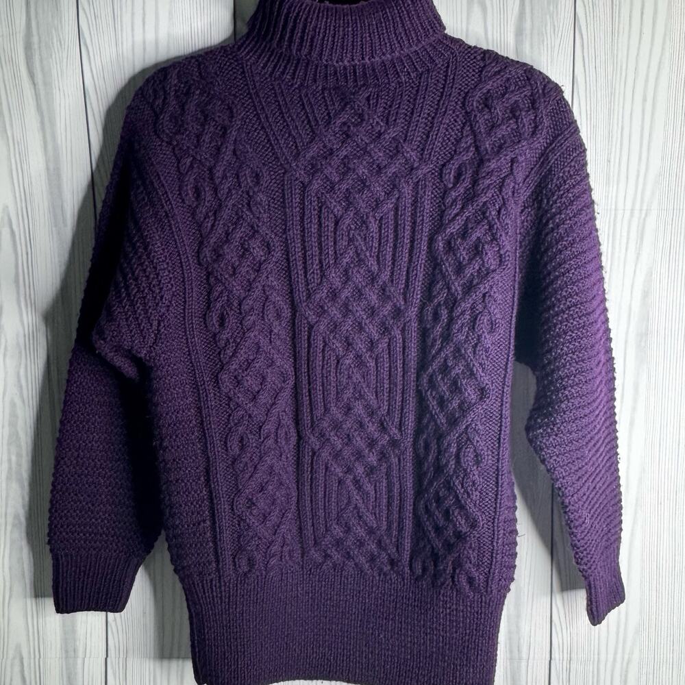 Vtg Ellen Tracy Turtleneck Cable Hand Knit Sweater Sz Petite S Fisherman Purple